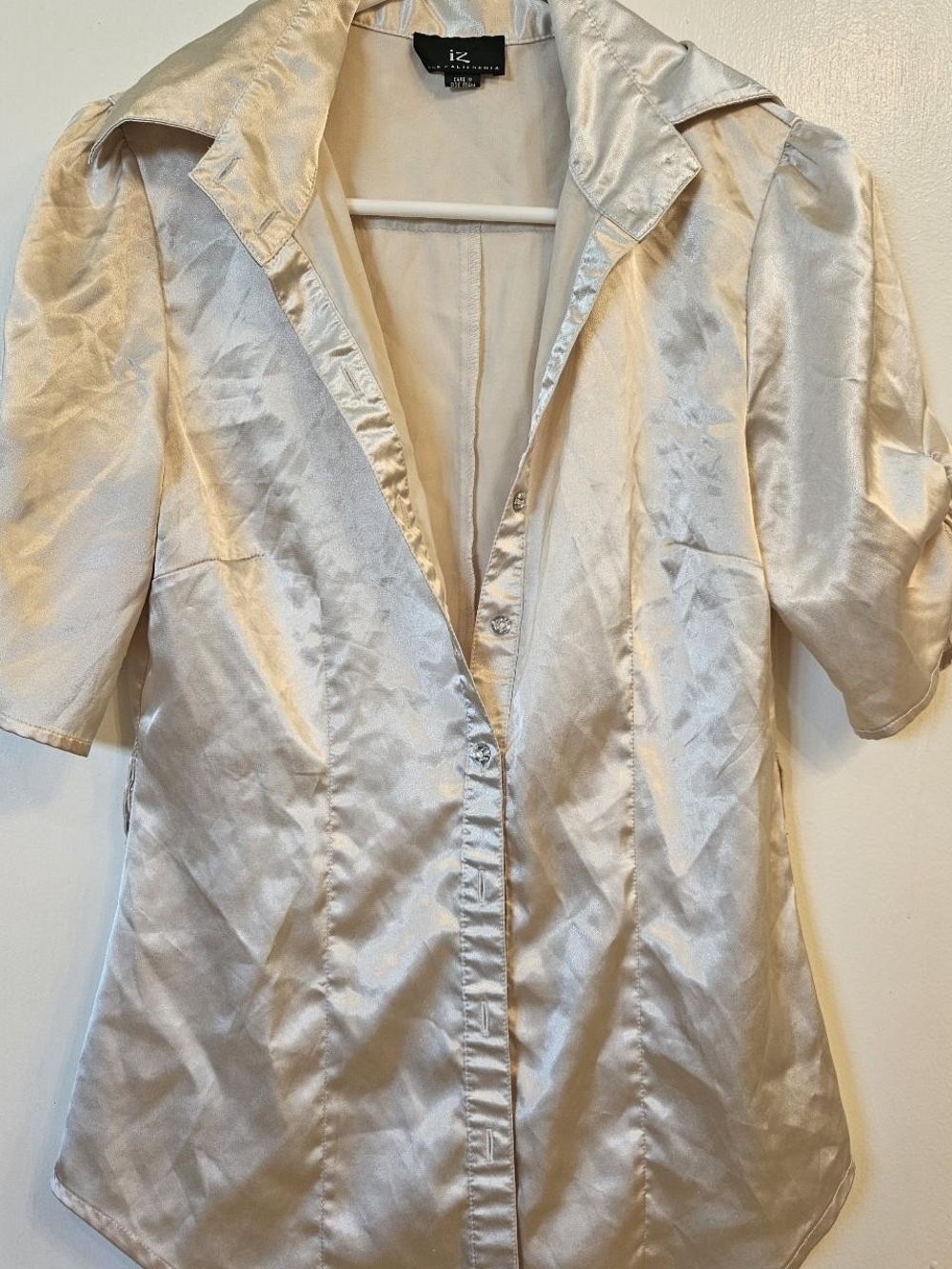 Vintage Iz Byer Satin Short Sleeve Button-Front Blouse